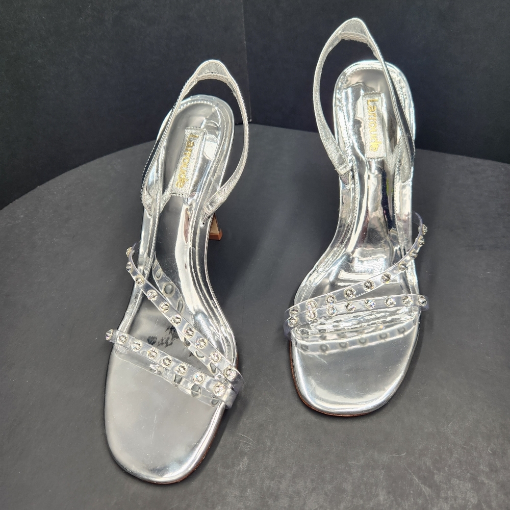 Larroude Heeled Sandals 8 Silver Leather Annie Swarovski Crystal Strappy New$380